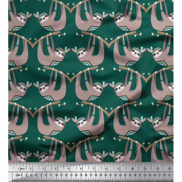 Soimoi Polyester Crepe Fabric Feather,Branch & Sloth Cartoon Print Fabric by The Yard 42 Inch Wide