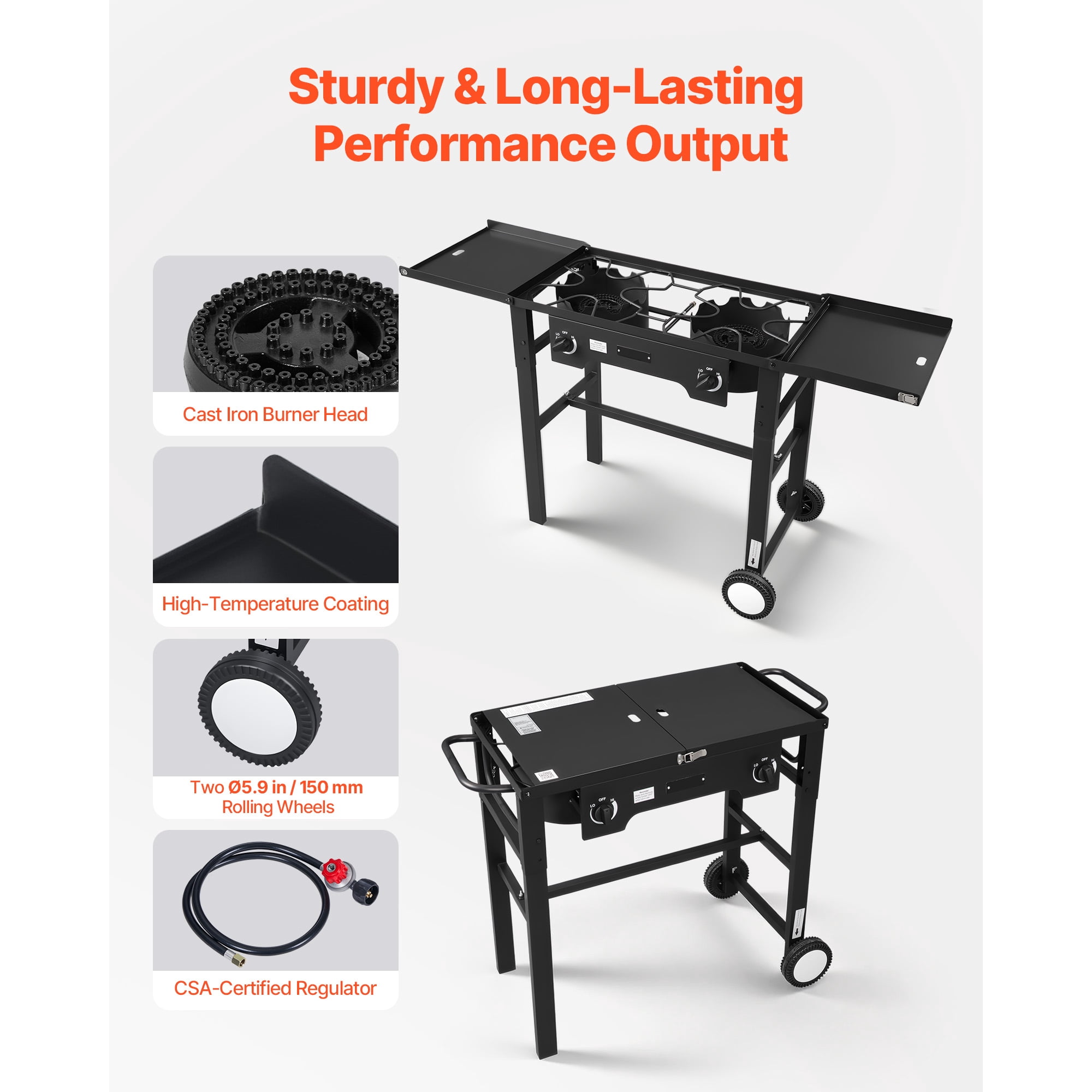 KFFKFF 2-Burner Outdoor Propane Gas Stove, 150,000 BTU LPG Camping Cooker, Foldable Heavy-Duty Carbon Steel Design with Wheels, Shield, and 20 PSI Regulator, Ideal for BBQs, Camping,and Patio Cooking