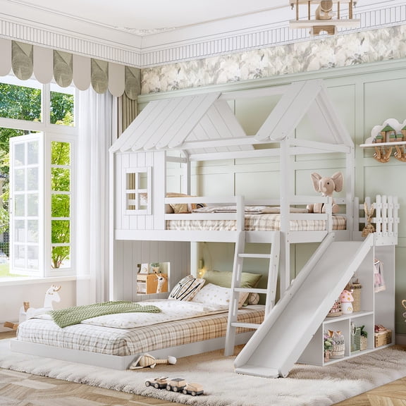 Bellemave Twin over Full House Bunk Bed with Ladders and Slides, House Floor Bunk Bed with Storage Shelves and Wardrobe, Playhouse Design, White