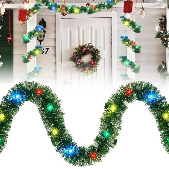 16.4 Ft Christmas Prelit Garland with 50 LED Lights, Battery Operated Hanging Garland, Foil Xmas Garland for Tree, Wedding & Holiday Decorations Green