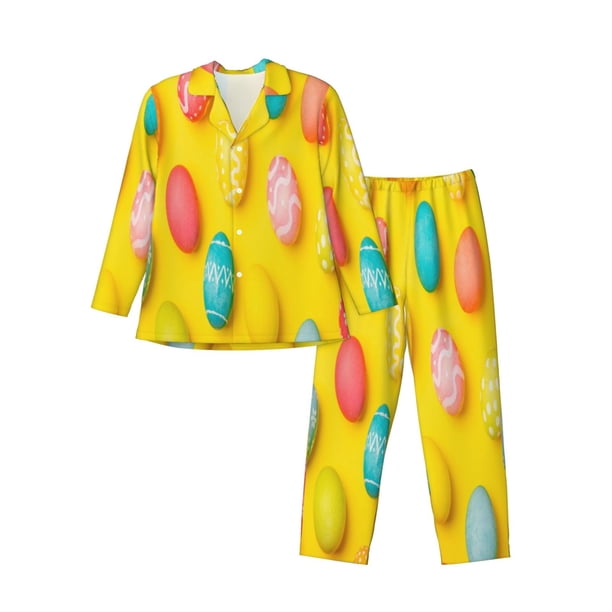 Fotbe Easter eggs (2) Pijama de Hombre con Estampado de Manga Larga, Conjunto de 2 Piezas, Ropa de Dormir Suave y Cómoda con Bolsillos-Medium