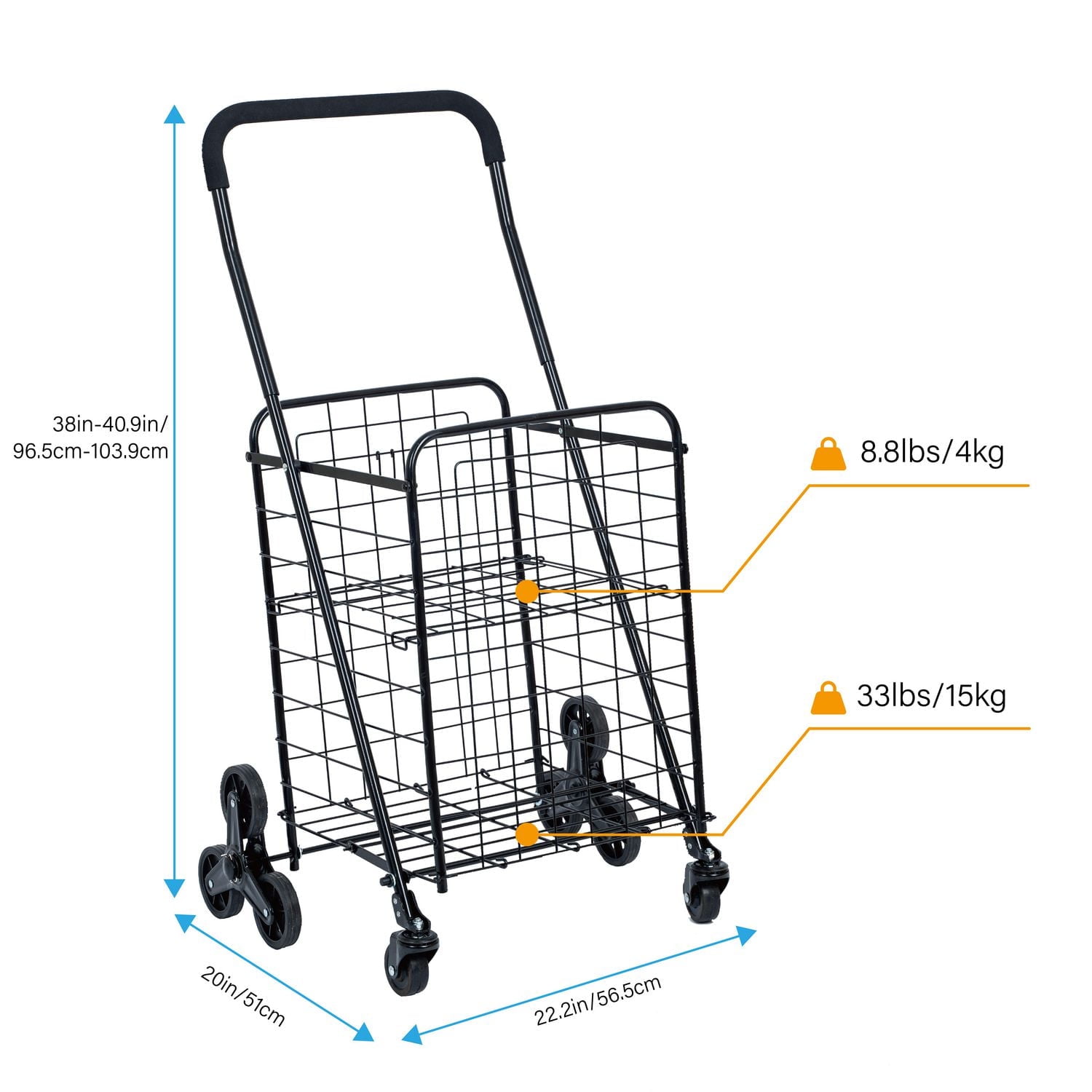 Chariot De Courses Pliable POWSTR 70L - Roues Escalier Poignée Télescopique Freins