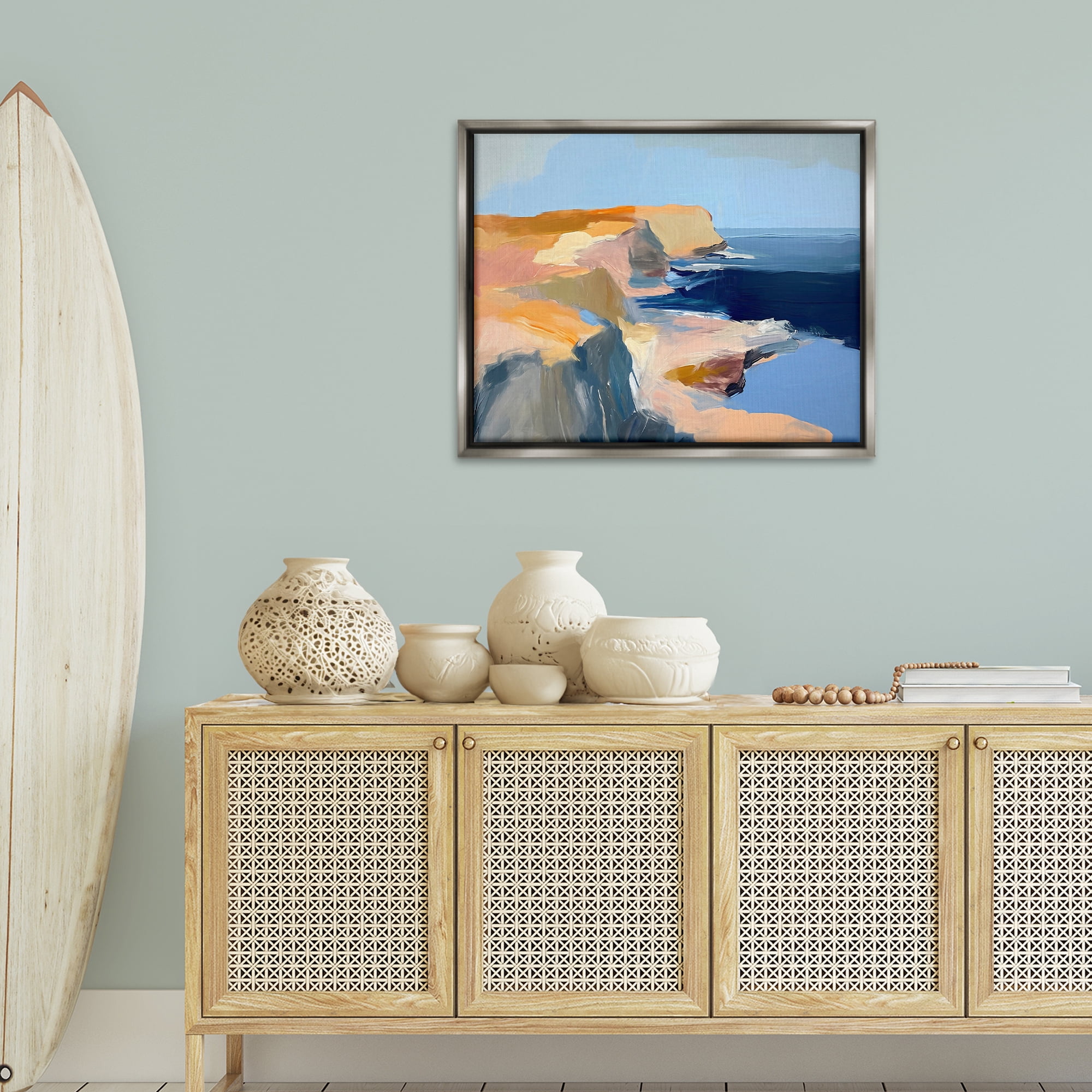 Stupell Industries Rugged Cliffs Coastline Coastal Painting Gray Floater Framed Canvas Art Print Wall Art, 31 x 25