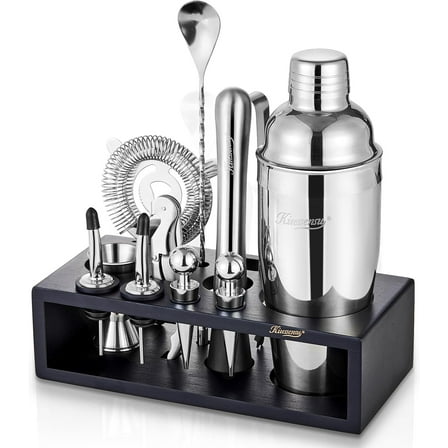 12-Piece Cocktail Shaker Set with Stand | Mixology Bartender Kit Bar Set with Essential Bar Accessories for Home Bar: Martini Shaker, Jigger, Muddler, Bar Spoon | Drink Mixer Cocktail Kit