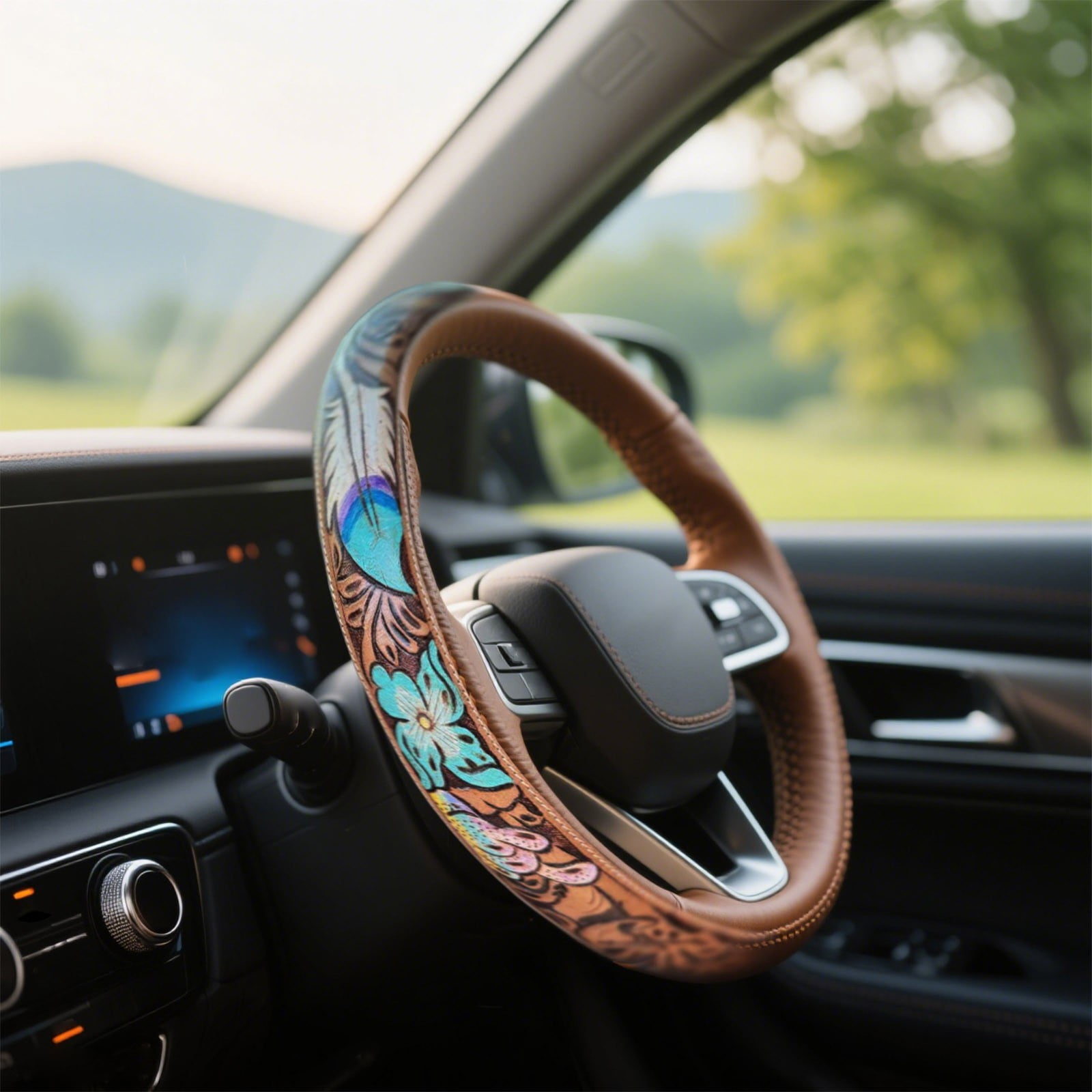 Western Steering Wheel Cover,Retro Western Cowboy Car Universal Steering Wheel Cover,Embossed Hand-Painted Leather Western Car Accessories, for Women Man, Anti- Design Easy to Install (A)