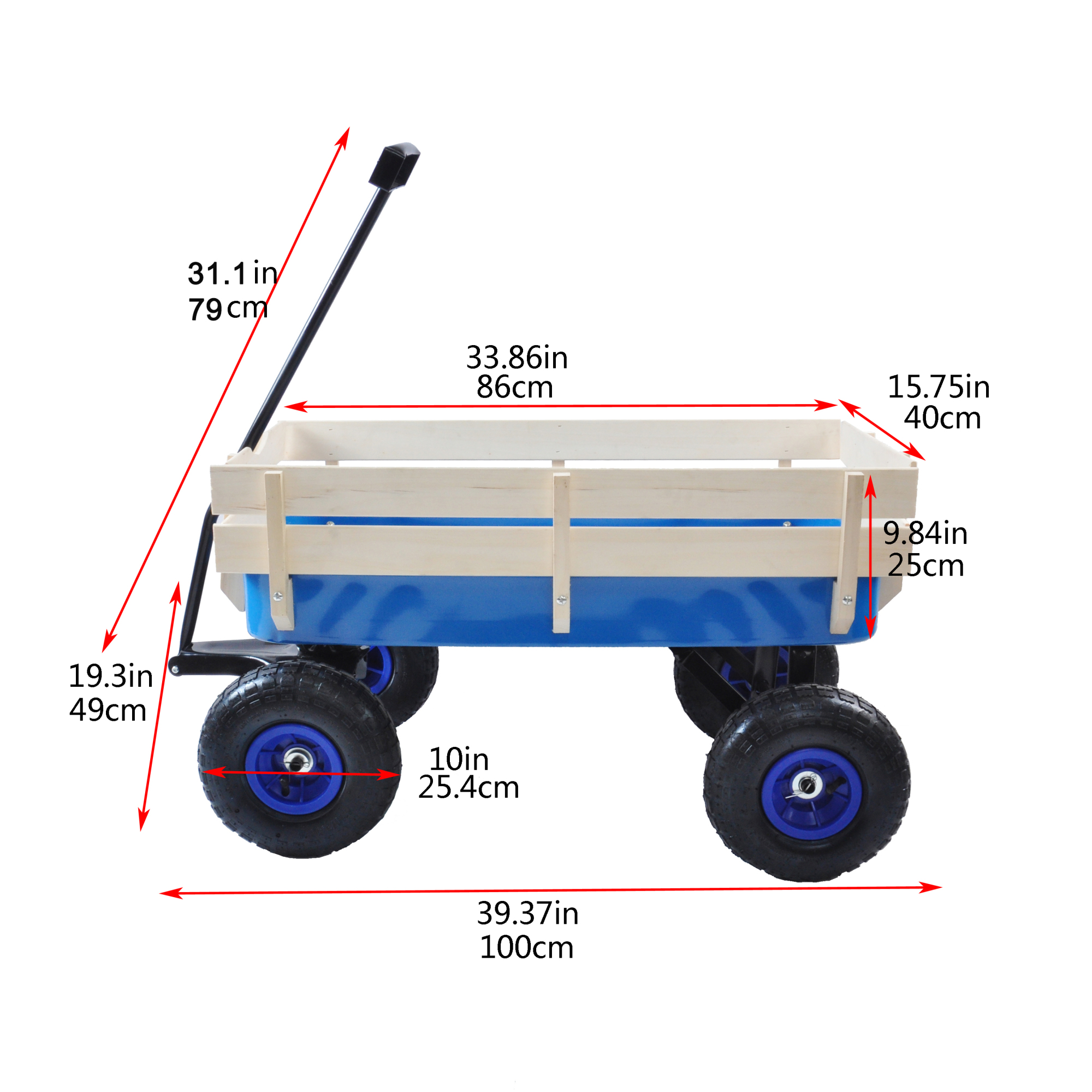 Leumius Outdoor Wagon with Pulling Wood Railing Panels,39" Utility Wagon with 10 Inch Wheels,176LBS Capacity for Beach,Garden,Park,Blue