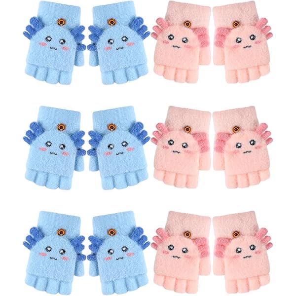 wonima44 Geyoga 6 Pairs Kids Fingerless Gloves Axolotl Knitted Convertible Flip Top Gloves Winter Toddler Mittens