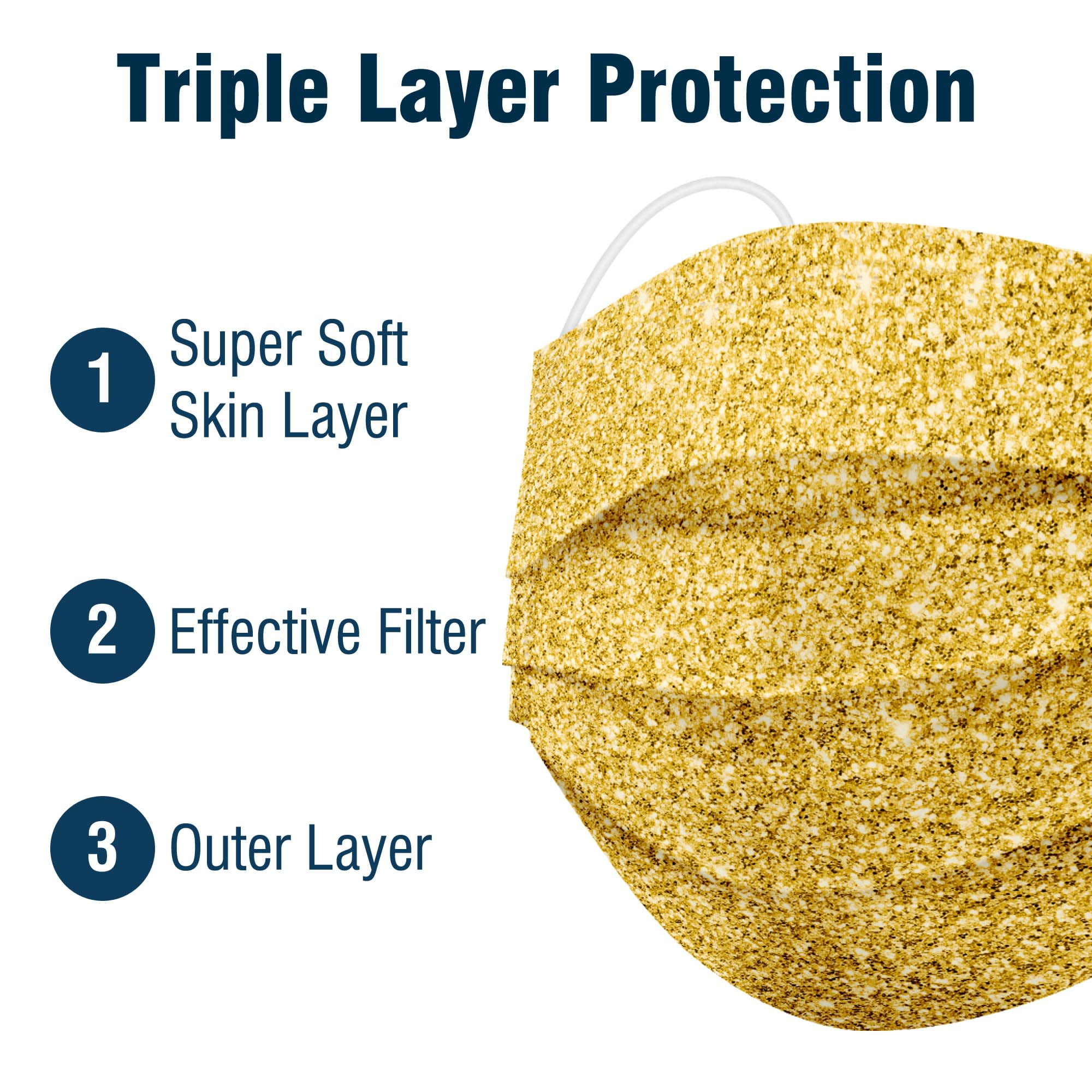 Disposable Face Masks 3-Ply Individually Wrapped , 50ct - Gold