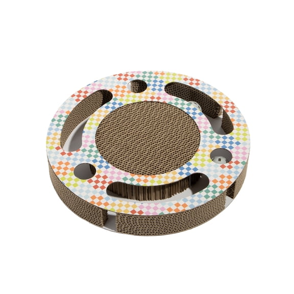 Oodles Multicolored Round Checkerboard Durable Corrugated Cardboard Cat Scratching Pad with Ball Tracker, One Size