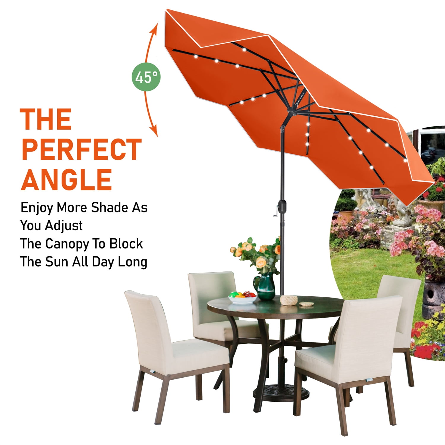 Summit Living 10FT Solar LED Outdoor Market Patio Umbrella With Easy Tilt Adjustment, Orange