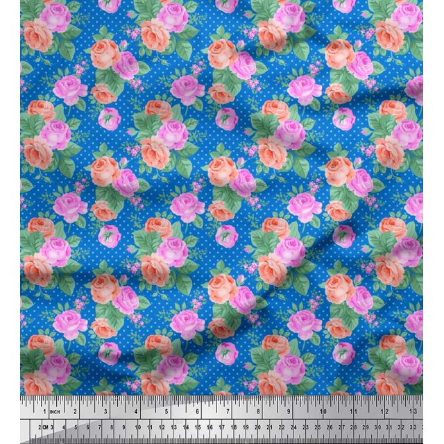 Soimoi Tissu Popeline de Coton à Pois, Feuilles et Roses Imprimé Floral 1 Yard 56 Pouces de Large