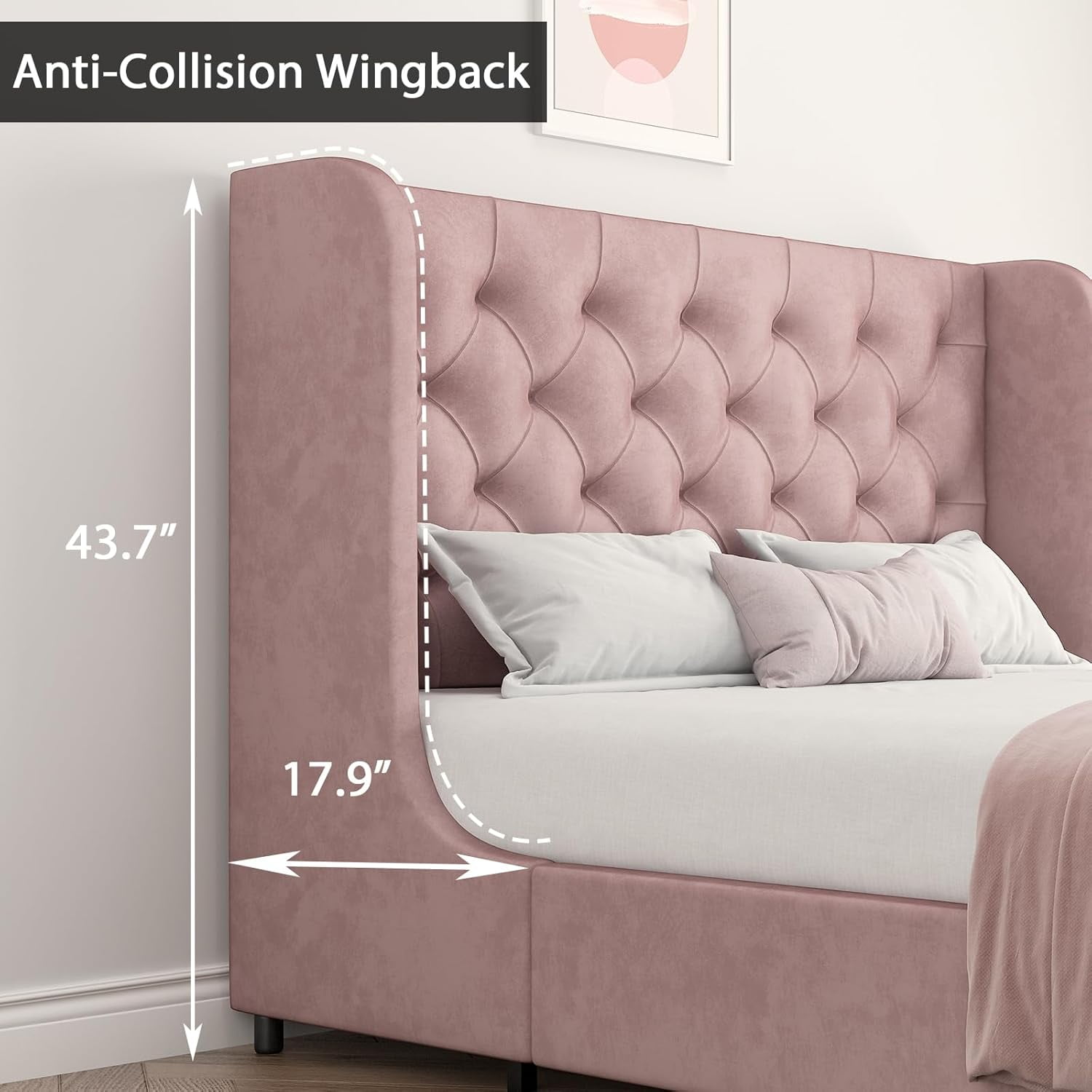 4 EVER WINNER Full Size Bed Frame, Pink Full Bed Frame, Modern Upholstered Platform Bed Frame with Button Wingback Headboard, Pink