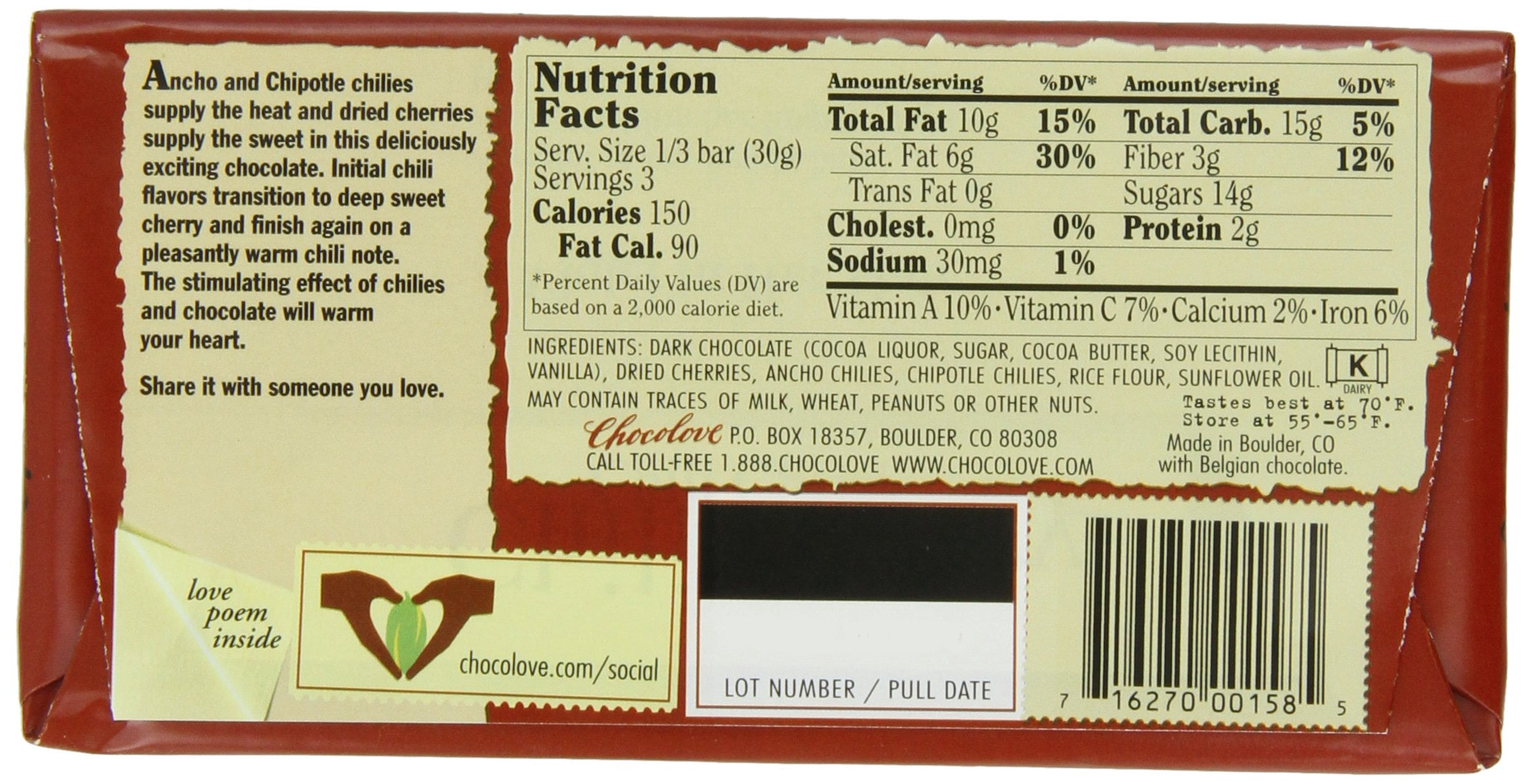 Chocolove Chilies & Cherries in Dark Chocolate Bar, 3.2 Ounce (Pack of 12)