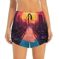 thumbnail image 2 of Balery Neon Sunset Cyberpunk Cityscape Pantalones cortos deportivos para mujer con forro y dos bolsillos, elásticos, para entrenamiento, gimnasio, yoga-Large, 2 of 7