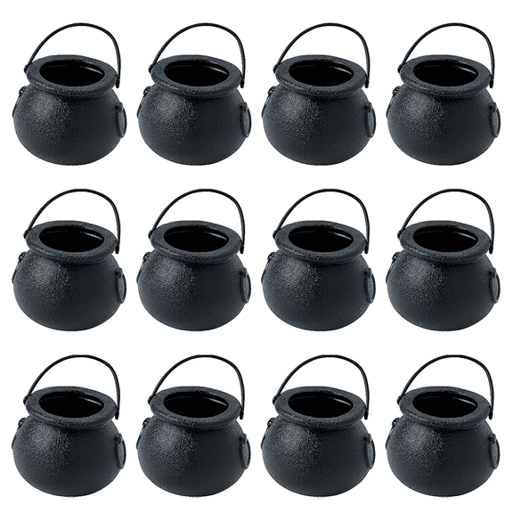 BPA-Free Black Cauldron Plastic Candy Buckets with Handle - 12 Pc.