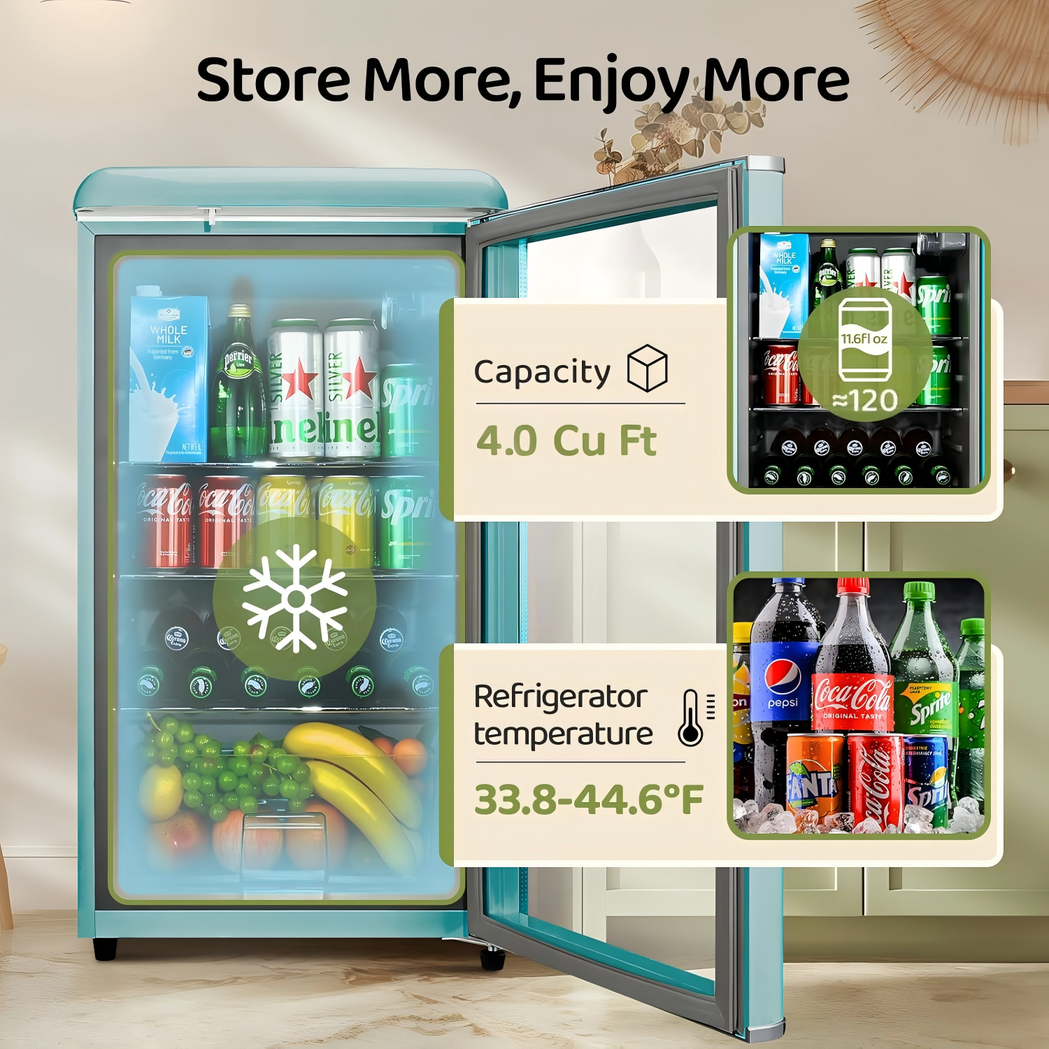 GGTB 4.0 Cu.ft Retro Beverage Refrigerator, 160-Can Mini Fridge with Double Glass Door, Adjustable Shelves, Blue