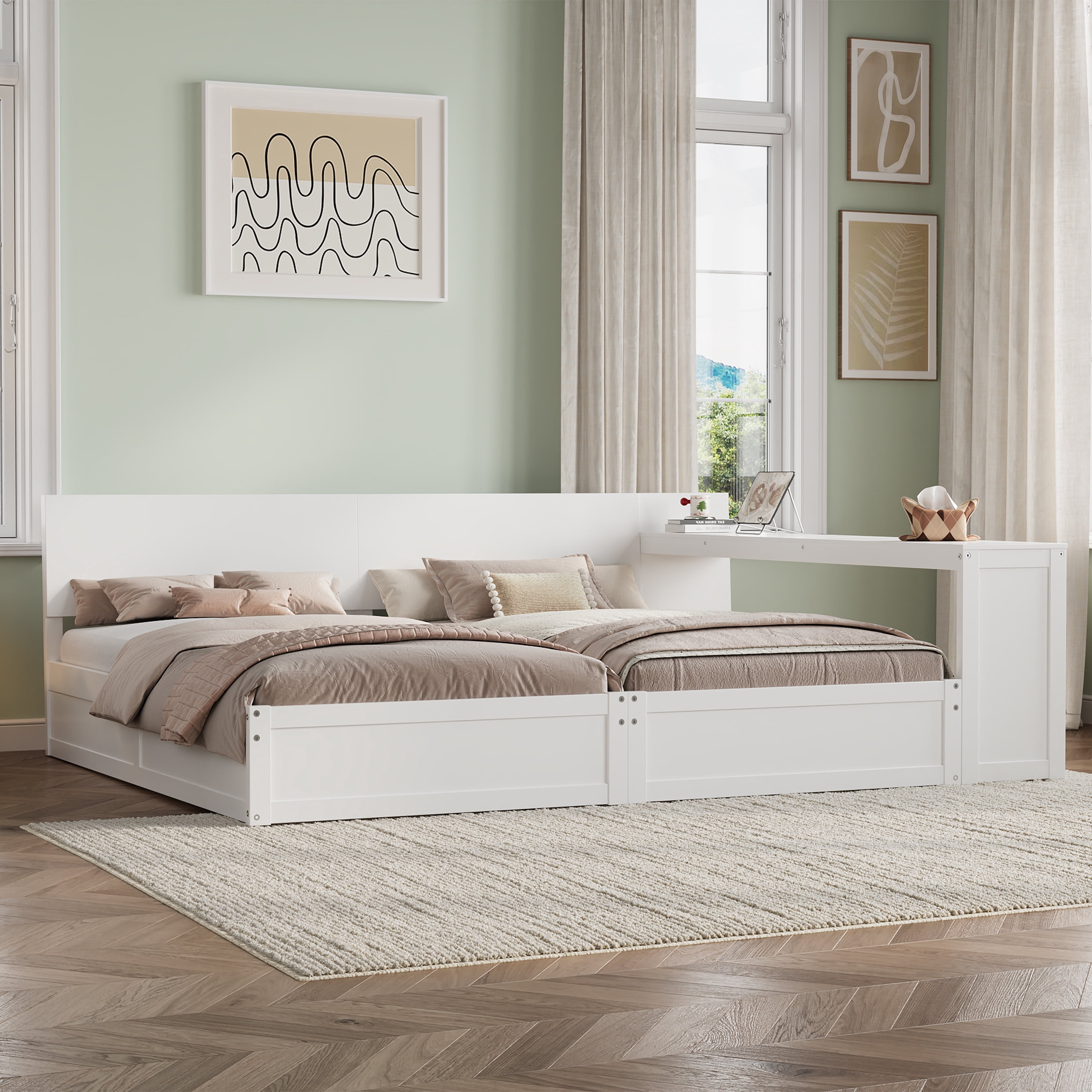 Mintazer Twin Size Double Platform Bed Frame with Adjustable Middle Storage Desk, 2 Twin Beds with Movable Workstation for Kids Teen Shared Bedroom Guest Room, White