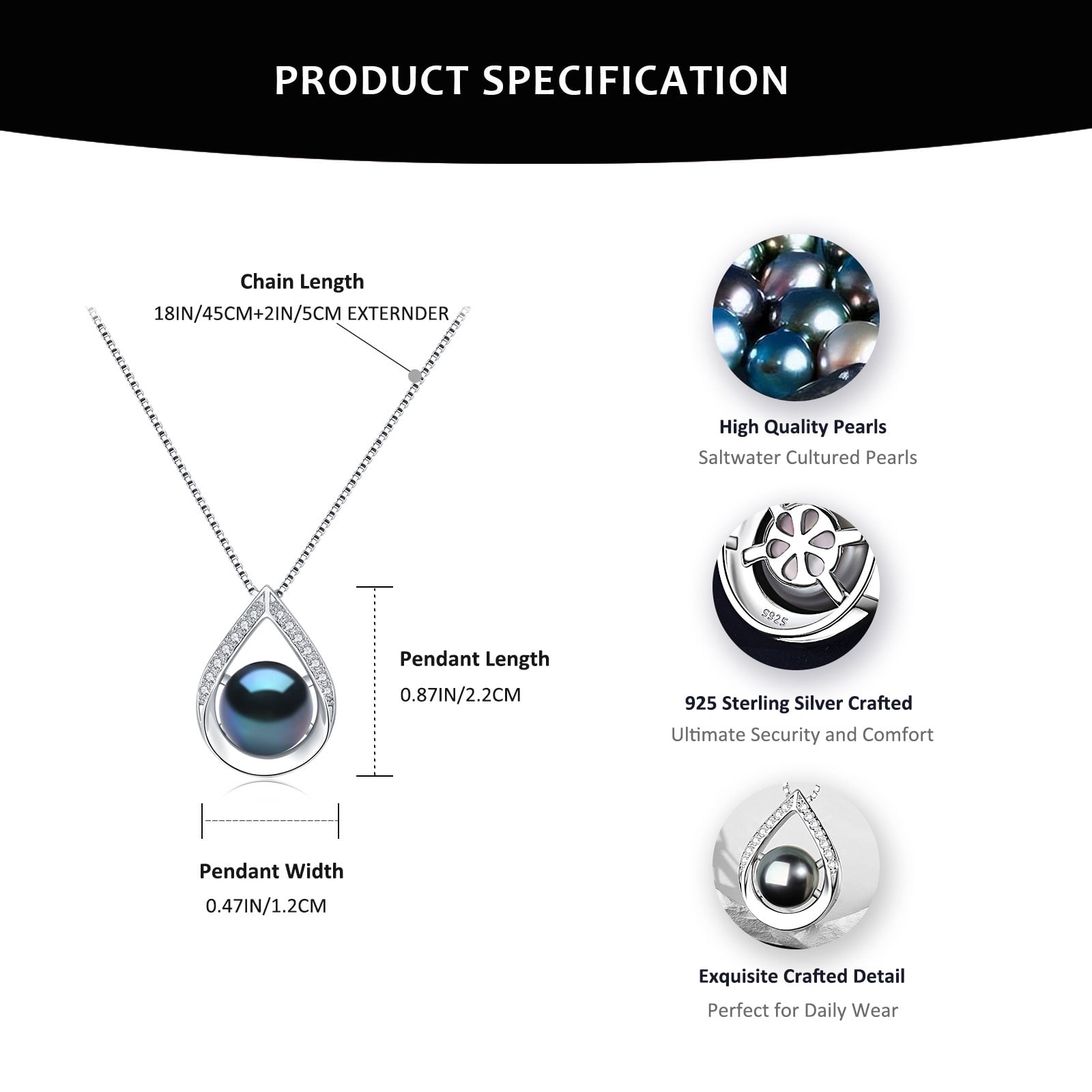 Bamiki Pearl Necklace and Earrings Set | 925 Sterling Silver Jewelry Set with 10mm Pendant & 6.5-7.5mm Pearls | 18” + 2” Chain Valentine's Day  Gift