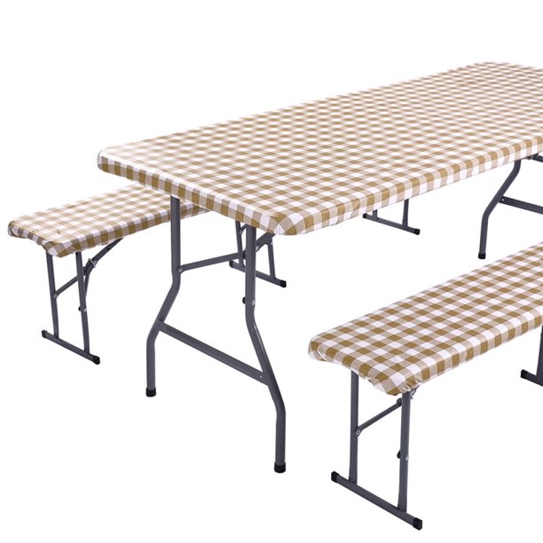 Funda para mesa de picnic Changmaius con funda para banco. Con elástico, vinilo y franela en el reverso. Ideal para mesas rectangulares de 76 x 183 cm. Impermeable. Diseño a cuadros verdes.