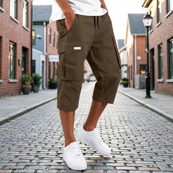 Domuza Mens Capri Cargo Shorts Below Knee Long Shorts with Pockets Drawstring Elastic Waist Relaxed Utility Hiking Pants Brown XL
