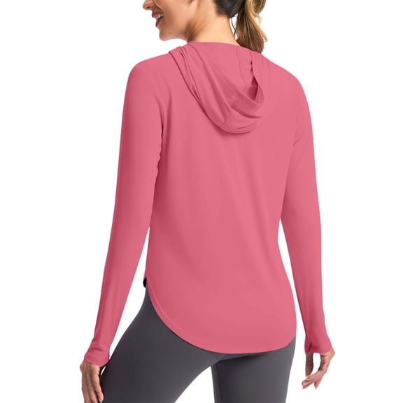 Oiangi Womens Hoodie Sun Protection Long Sleeve Workout Tops Curved Hem Quick Dry Athletic Shirts with Thumb Holes Watermelon Red L