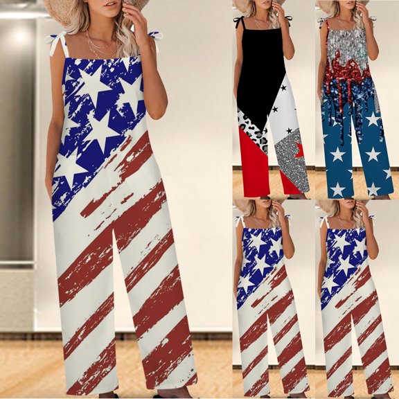 Jinhomg Womens Fashion Overalls Dressy American Flag Graphic Printed Jumpsuits Plus Size Casual One Piece Sleeveless Romper Bib Pants Black XXL