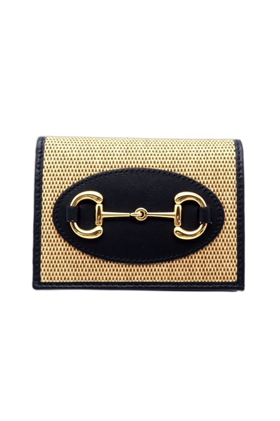 Pre-Owned GUCCI Horsebit 1955 Small Wallet (621887) in Beige, Black, Leather, and Canvas....