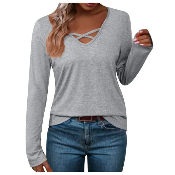 WREESH Womens Fashion Slim T-Shirts V Neck Solid Color Pullover Long Sleeve Tops Keeping Warm Outing Tops Blouse Gray