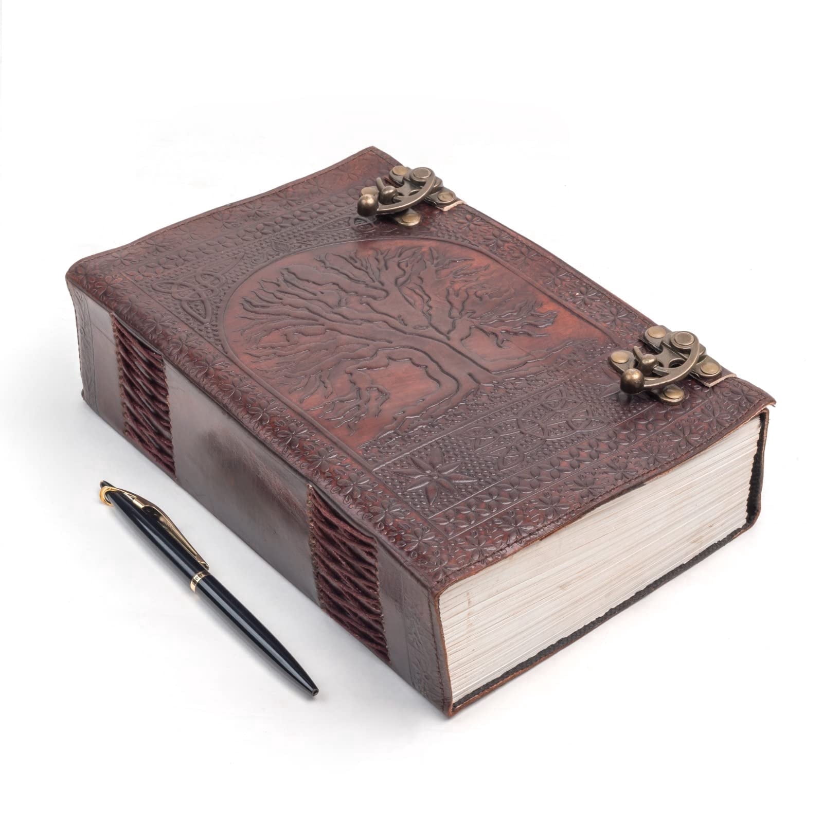 TUZECH 600 Pages Handmade Large Leather Journal Diary Embossed Tree of Life Book Of Shadows Notebook Writing Seven Chakra Grimoire Sketchbook 7 x 10 Leather Bound (Brown)