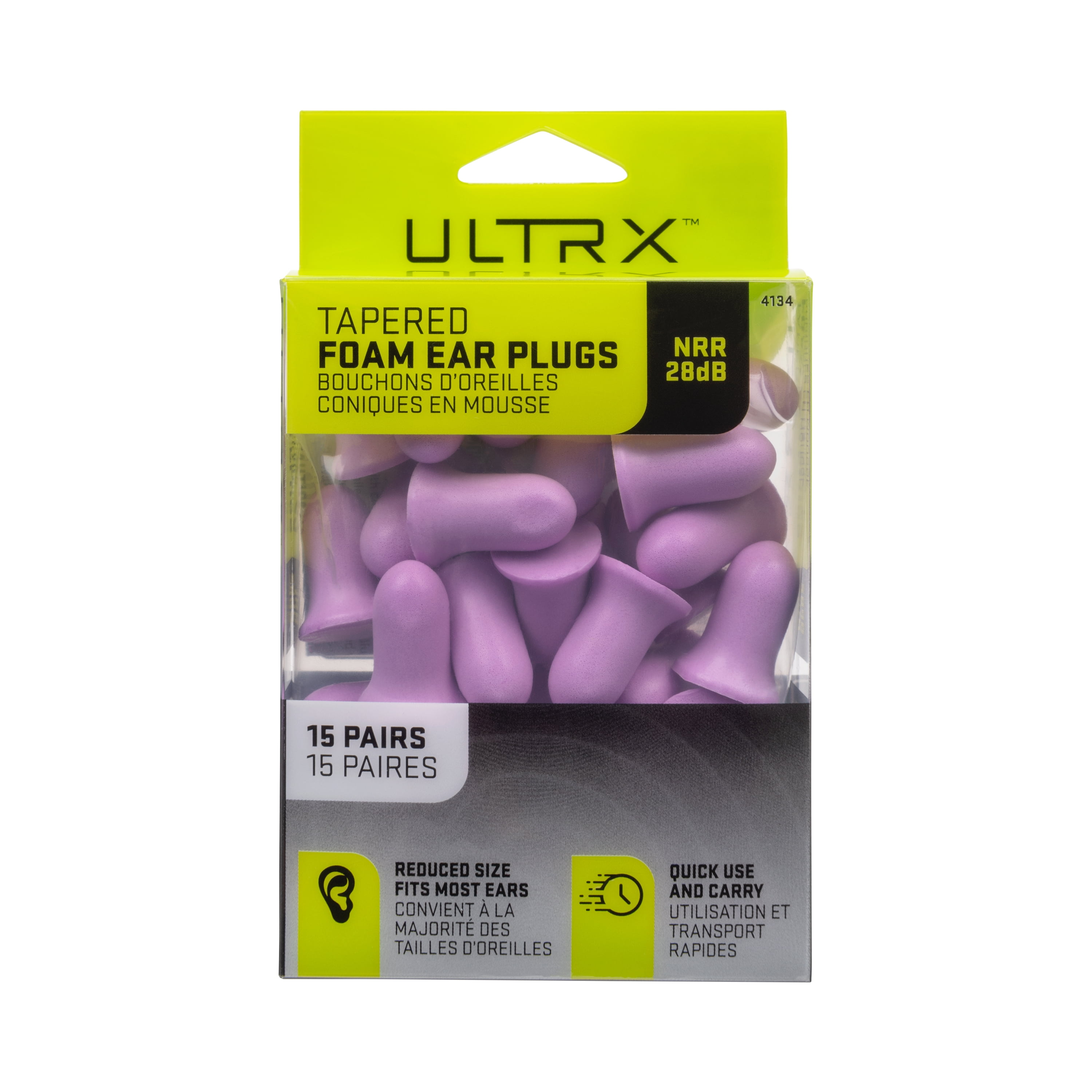 ULTRX™ Tapered Foam Ear Plugs, 15 Pairs Value Pack, Purple, Adult, Unisex, Model 4134, NRR 32 Db