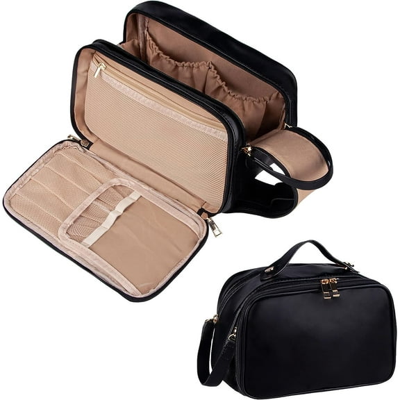 Toiletry Bag, PU Leather Travel Toiletry Organizer, Double Zipper Large Opening Travel Cosmetic Bag, Portable Large Capacity Travel Makeup Bag for Women Black