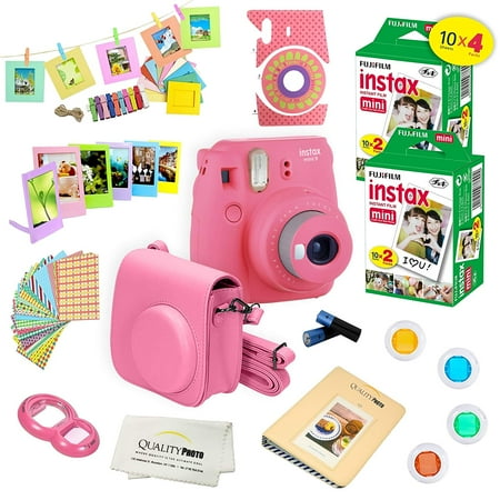 Mini Autopole - Fujifilm Instax Mini 9 Camera Pink + 15 PC Accessory Kit for Fujifilm instax mini 9 Instant Camera Includes: 40 Fuji Instax Films + Case + Album + Colored lenses + Assorted color/Style frames + MORE