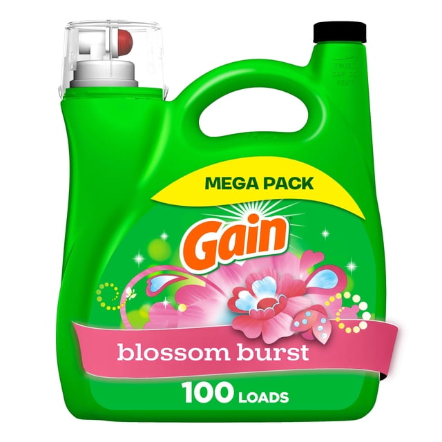 Green mega pack container of Gain Blossom Burst liquid laundry detergent for 100 loads with floral design on label.