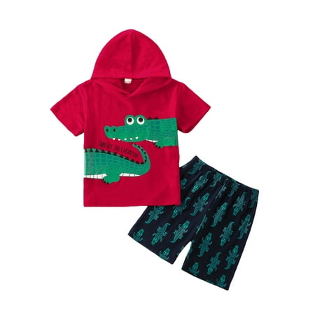 

Frobukio 2Pcs Kids Little Boys Clothes Sets Summer Crocodile Letter Print Short Sleeve Hooded Tops+ Shorts Outfits Red 2-3 Years