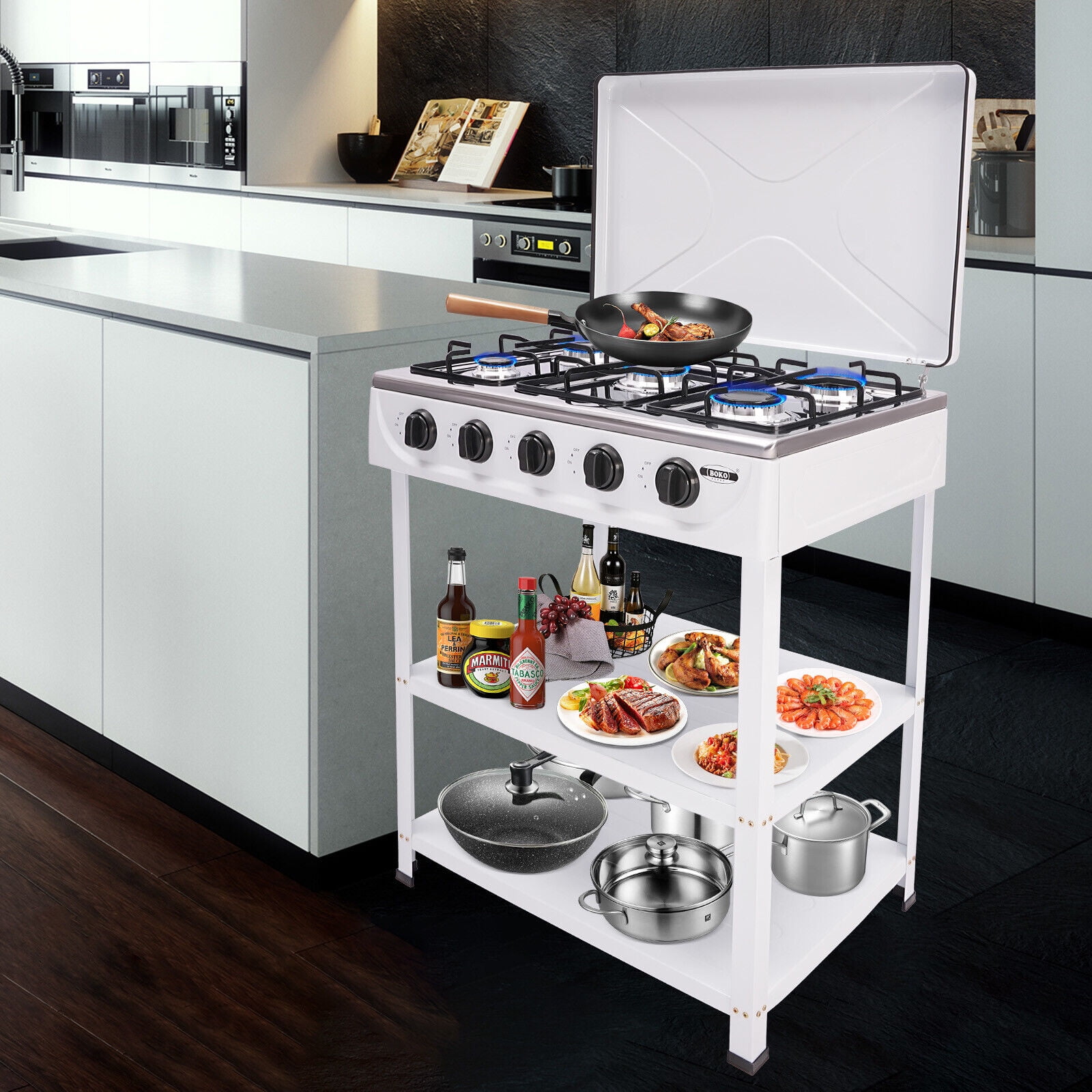 5-Burner Natural Gas Stove with Precise Heat Control, Independent Knobs, Efficient Cooking, Durable Enamel & Aluminum Design