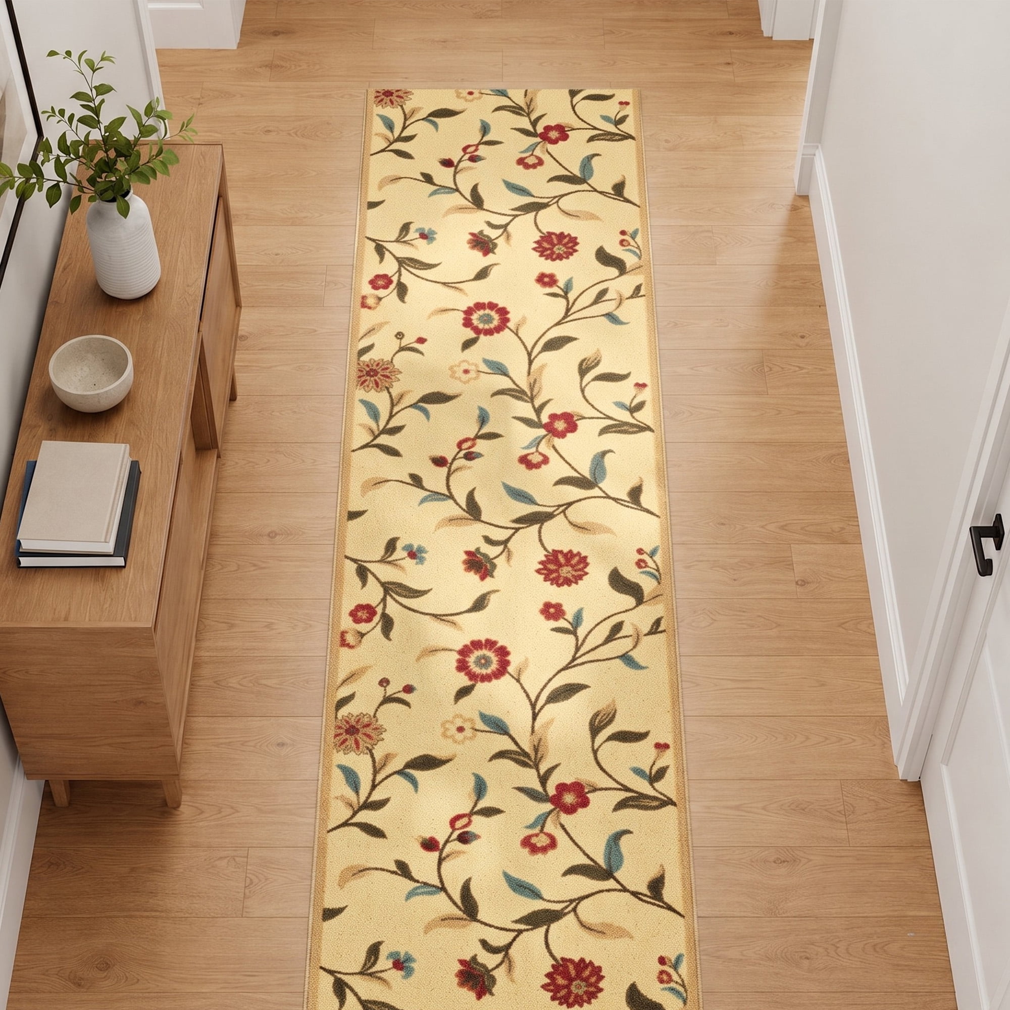 Ottomanson Extra Long Runner Rug 2'7" x 53' – Non-Slip Low Pile Hallway Carpet, Floral Beige