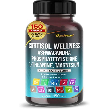 CORTISOL WELLNESS Magnesium Ashwagandha L-Theanine Phosphatidylserine Rhodiola Rosea Passionflower Lavender Chamomile -150 Capsules- Made in USA