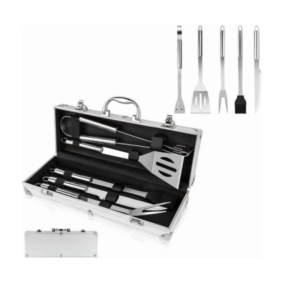5-Piece BBQ Tool Set - High-quality stainless steel accessories including spatula, tongs, basting brush and more. Complete gift set for men and dads, perfect choice for camping and barbecues.