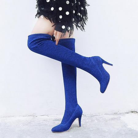 

Tdoqot Winter Boots for Women- High-Heels Sexy Thin heel Christmas Gifts Women s Over-the-Knee Boots Blue 41