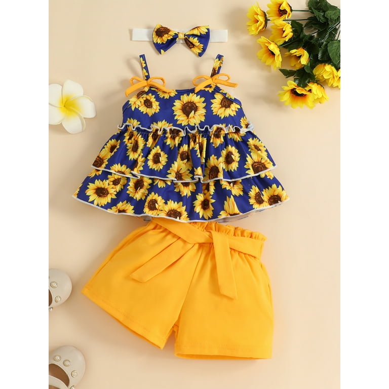 Qtinghua Infant Baby Girls Sunflower Outfit Summer Sleeveless Ruffle Floral  Tops High Waist Shorts with Belt Set Blue 9-12 Months
