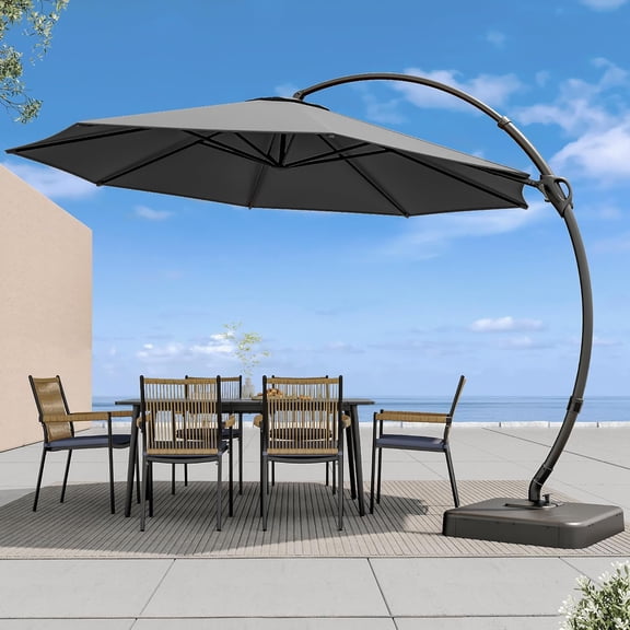 PHENOFICE 11x11FT Patio Umbrella with Base, Large Square Cantilever Umbrella Heavy Duty Offset Hanging Umbrella with 360° Rotation for Market, Pool, Garden, Backyard (Grey 11x11FT)
