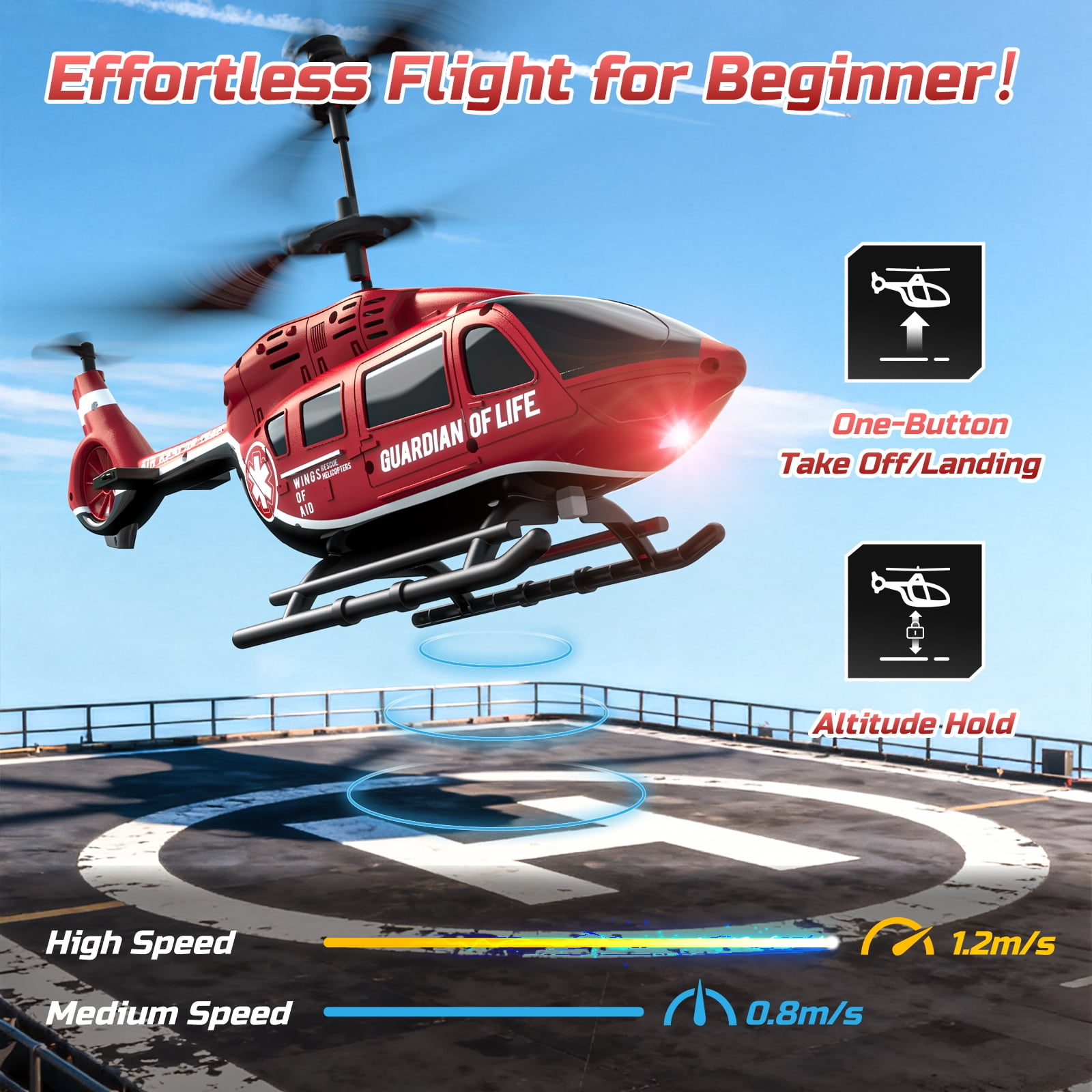 DEERC Remote Control Helicopter, Military Rescue RC Helicopter Toy with LED Lights, 2 Batteries, Altitude Hold & 2.4GHz Stable Control, Realistic Rescue Design, Ideal Gift for Kids and Adults