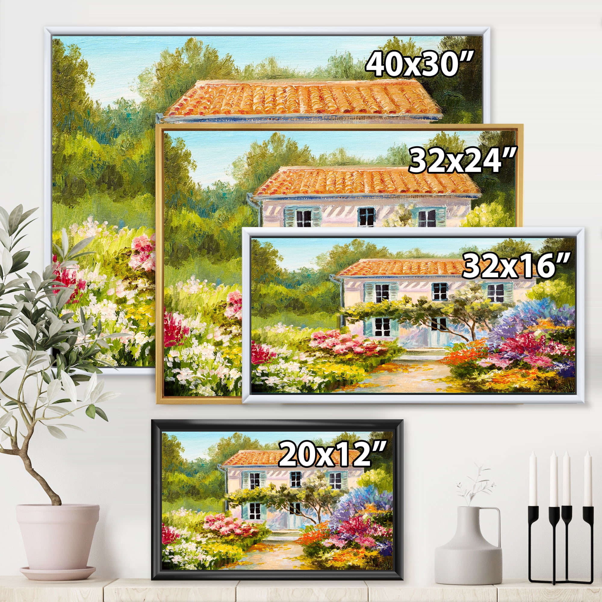 Designart 'The Mountain With Flowers With Little House II' Traditional Framed Canvas Wall Art Print