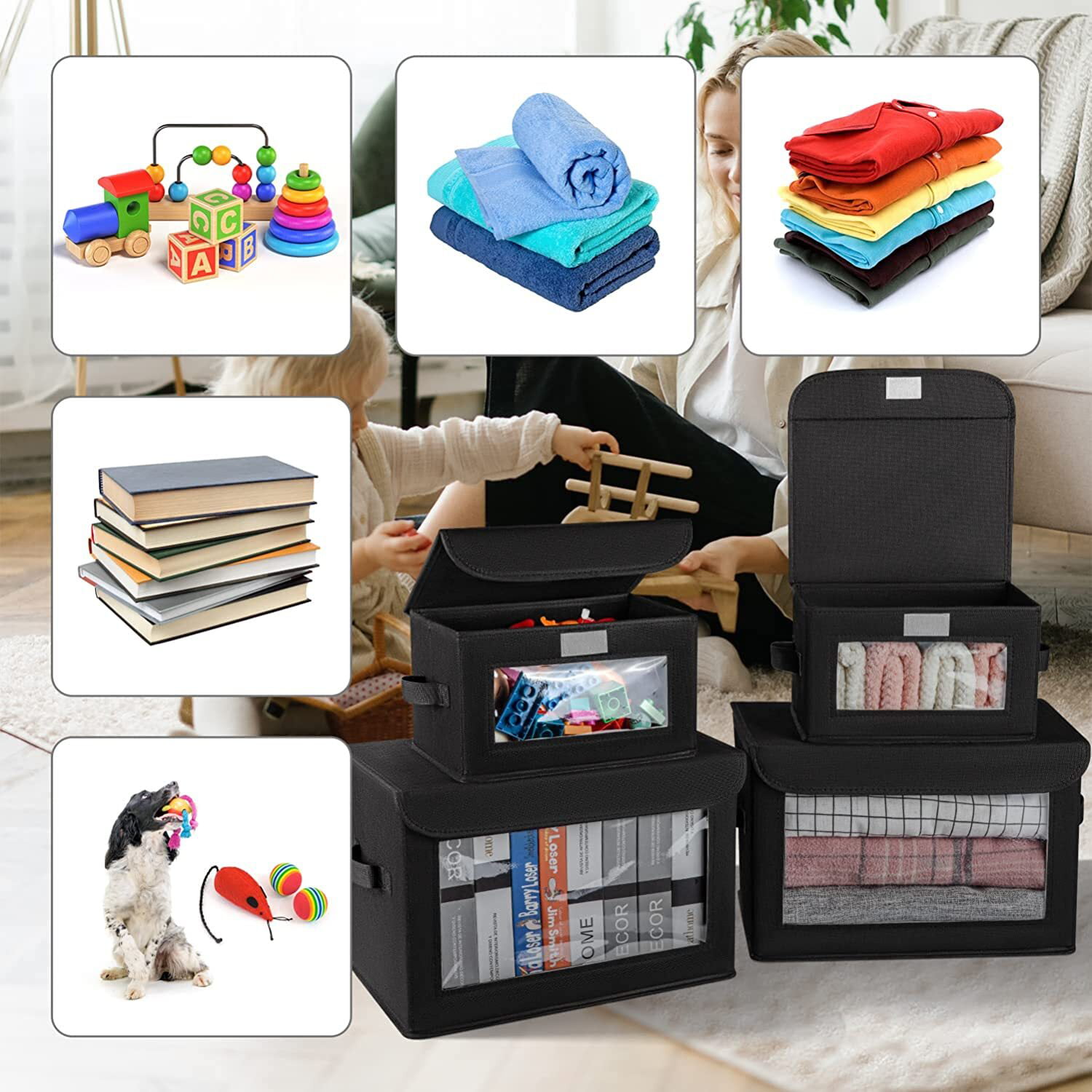 DIMJ Storage Bins, 3 Pcs Large Foldable Fabric Storage Bin Organizer with  Clear Window for Bedroom Kids Room Wardrobe Closet Shelves, Home Storage