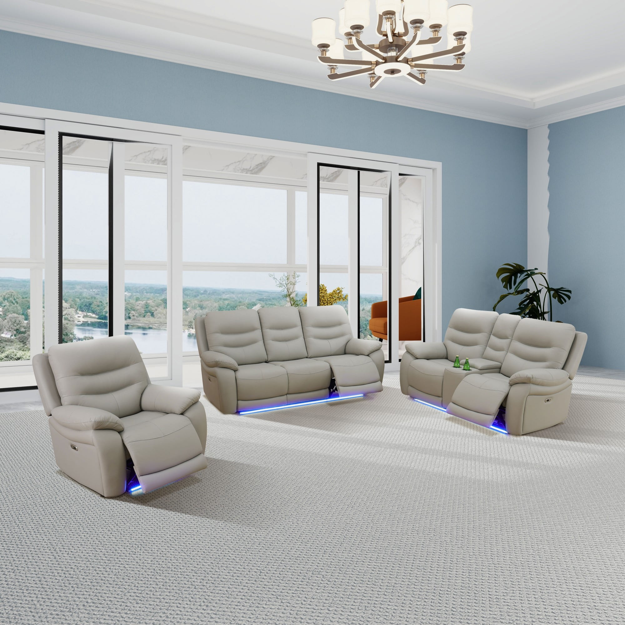 Gewnee 1+2+3 Power Recliner Sofa Set, Air Leather, Multifunctional Smart Reclining Sofa with USB Charging, Storage, Cup Holders, LED Ambient Light for Living Room,Light Gray