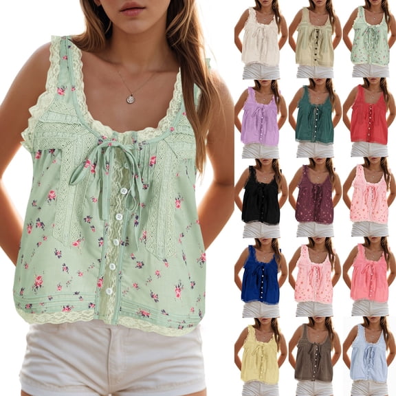 TTUHYWXI Women Y2k Lace Ruffle Trim Tank Top Fairycore Sexy Sheer Tie Button Front Scoop Neck Crop Camisole Cute Going Out Tops (Dark Green, M)