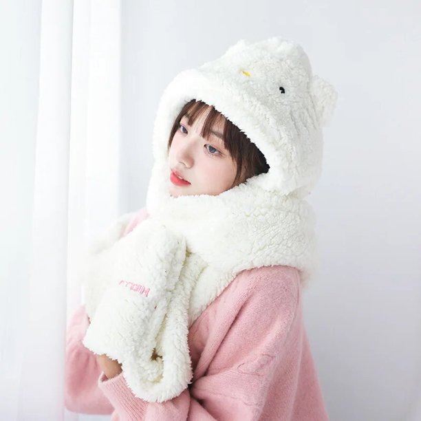 Hello Kittys Kuromi Melody Cinnamonroll-gorro de invierno Kawaii con orejas para mujer, 3 en 1, Sanrios, capucha, bufanda de felpa cálida, conjunto de guantes LIUWENJING unisex