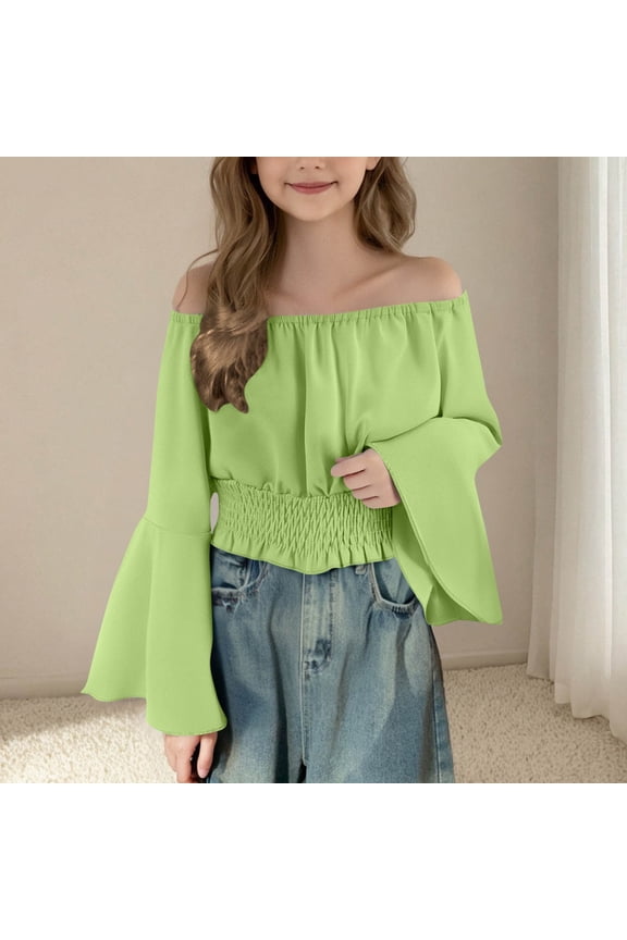 Girls Tops Batwing Sleeve Off The Shoulder Blouse Teen Girls Tunic Crop Tops Fashion Dance Clothes Mint Green 11-12 Years