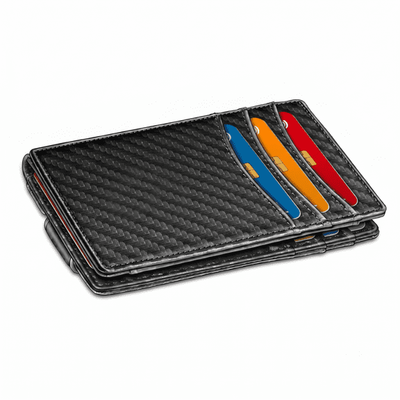 RFID Blocking Slim Wallet for Men - Minimalist Carbon Fiber Leather Front Pocket Wallet with Money Clip & Magnetic Closure, Holds Up to 12 Cards Black 1PCS