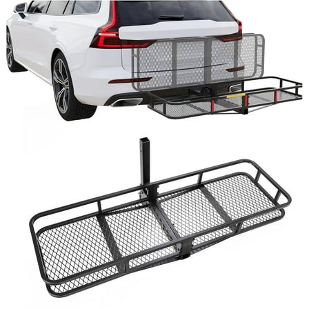 HECASA 60"x20"x6" Folding Hitch Mount Cargo Carrier Rear Luggage Basket Fit 2" Receiver for Van, SUV, Truck, Trailer Fold Up Trailer Tow Hitch Cargo Rack Heavy Duty Steel